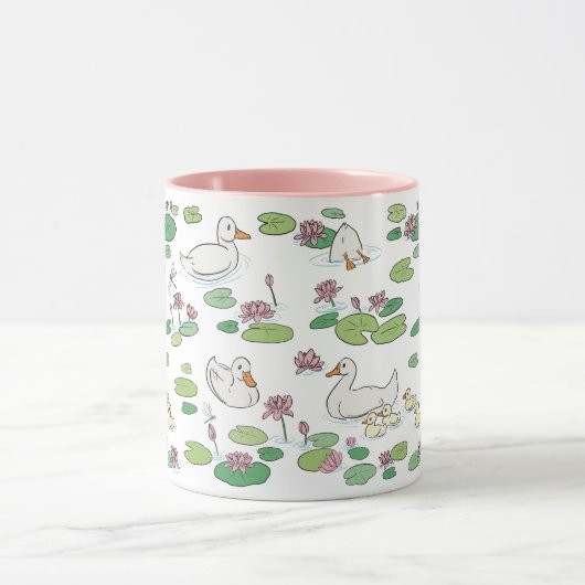 アヒル《植物》スイレンパッド11oz.ピンクの白いセラミックマグカップ マグカップ (中央)