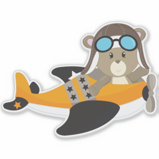 アビエータベア，パイロットベア，かわいいクマ，飛行機 シール (正面)