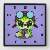 アビエーターハットのかわいい漫画の亀 スクエア壁時計 (正面)