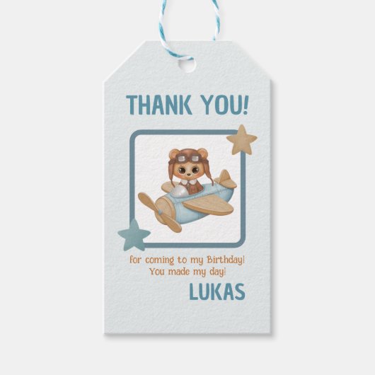 アビエーターパーティーパイロットベアーブルー誕生日ありがとう ギフトタグ (正面)