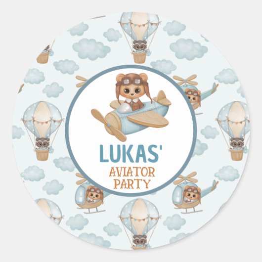 アビエーターパーティーベビーベアーパステルブルー誕生日クラス ラウンドシール (正面)