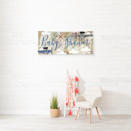 アビエーター航空機とヴィンテージワールドマップベビーシャワー 横断幕 (インサイチュ)