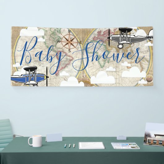 アビエーター航空機とヴィンテージワールドマップベビーシャワー 横断幕 (トレードショー)
