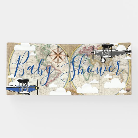 アビエーター航空機とヴィンテージワールドマップベビーシャワー 横断幕 (横)