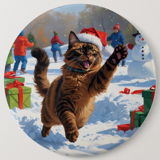 アビシニアンキャットのクリスマス スノーシーン 缶バッジ (正面)