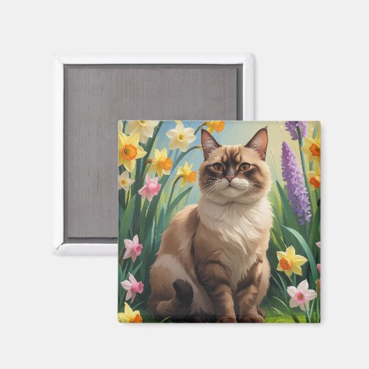 アビシニアンキャットの春の花の絵 マグネット (正面/裏面)