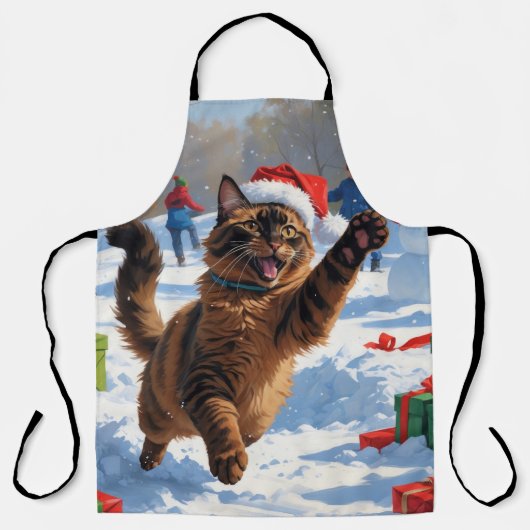 アビシニアン猫のクリスマス祭り雪景色 エプロン (正面)