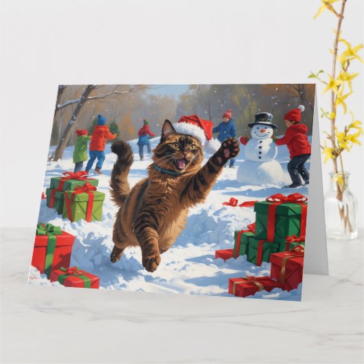 アビシニアン猫のクリスマス祭り雪景色 カード (黄色い花)