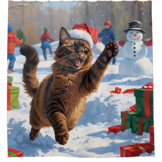 アビシニアン猫のクリスマス祭り雪景色 シャワーカーテン (正面)