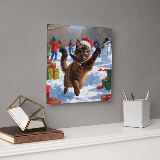 アビシニアン猫のクリスマス祭り雪景色 スクエア壁時計 (オフィス)