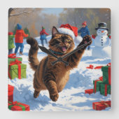 アビシニアン猫のクリスマス祭り雪景色 スクエア壁時計 (正面)