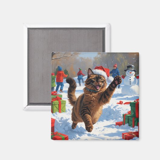 アビシニアン猫のクリスマス雪景色 マグネット (正面/裏面)