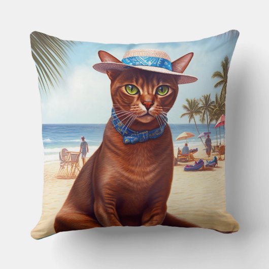 アビシニアン猫オンビーチ、夏のプレゼント猫好き クッション (裏面)