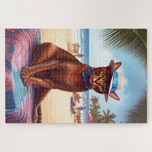 アビシニアン猫オンビーチ、夏のプレゼント猫好き ジグソーパズル (横)