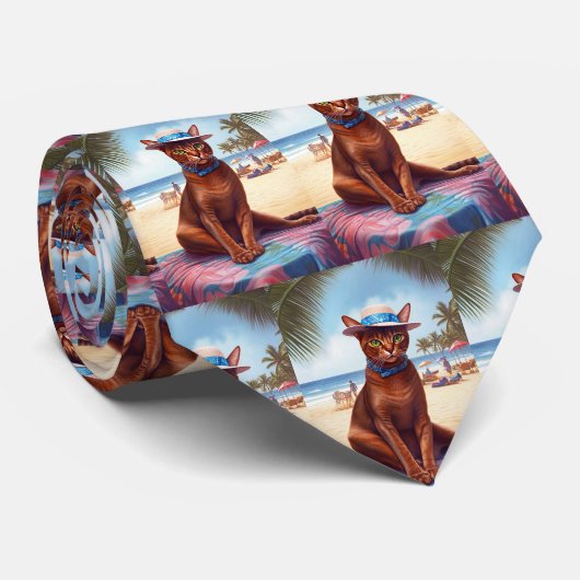 アビシニアン猫オンビーチ、夏のプレゼント猫好き ネクタイ (ロール)