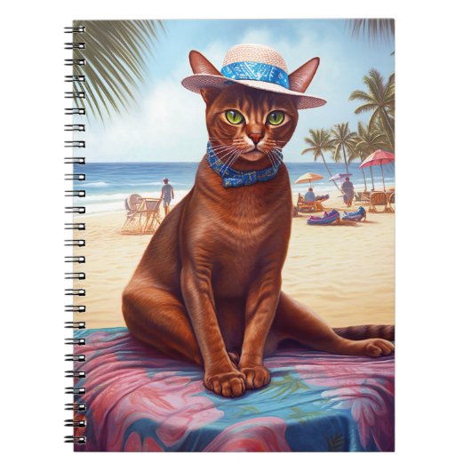 アビシニアン猫オンビーチ、夏のプレゼント猫好き ノートブック (正面)