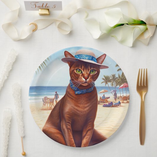 アビシニアン猫オンビーチ、夏のプレゼント猫好き ペーパープレート (ウェディング)