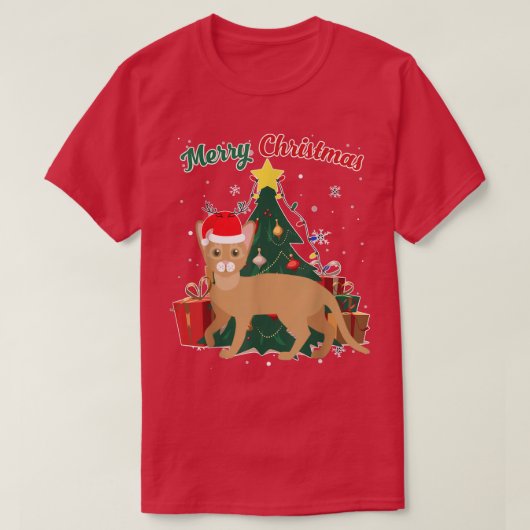 アビシニアン猫クリスマスツリー雪フレーククリスマスプレ Tシャツ (デザイン正面)