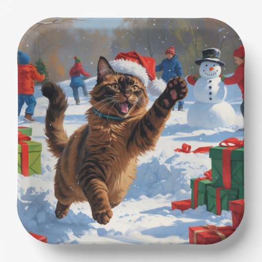 アビシニアン猫クリスマスフェスティバル雪景色 ペーパープレート (正面)