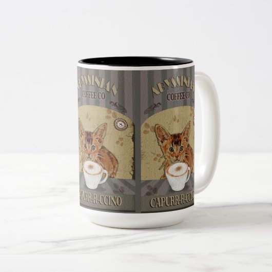 アビシニアン猫コーヒーカプルッチーノヴィンテージポスター ツートーンマグカップ (正面右)