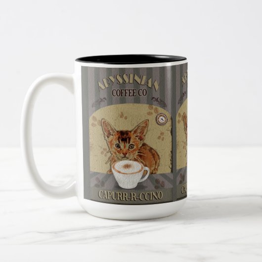 アビシニアン猫コーヒーカプルッチーノヴィンテージポスター ツートーンマグカップ (左)