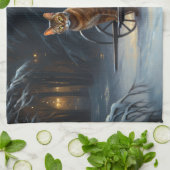 アビシニアン雪そりに乗るクリスマスデコール キッチンタオル (折り畳み)