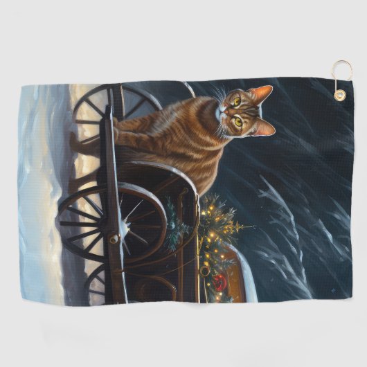 アビシニアン雪そりに乗るクリスマスデコール ゴルフタオル (横)