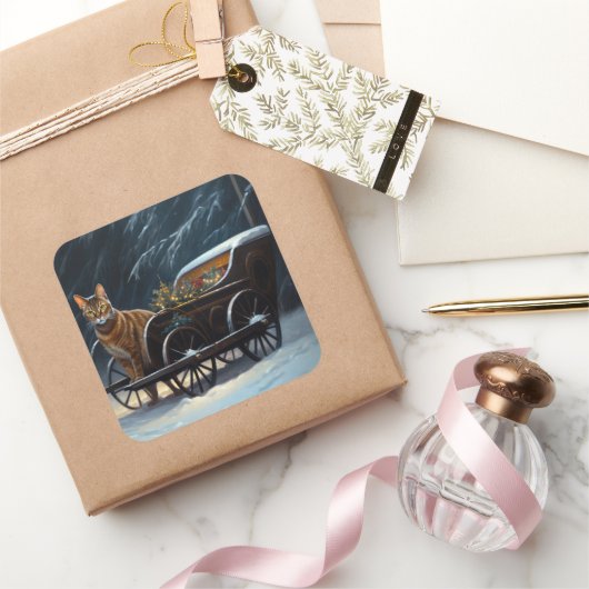 アビシニアン雪そりに乗るクリスマスデコール スクエアシール (ギフト)