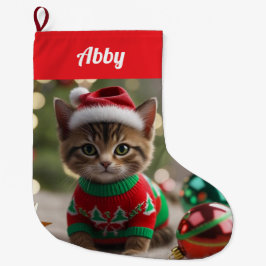 アビシニアン+かわいい猫のクリスマスパーソナライズデザイン ラージクリスマスストッキング