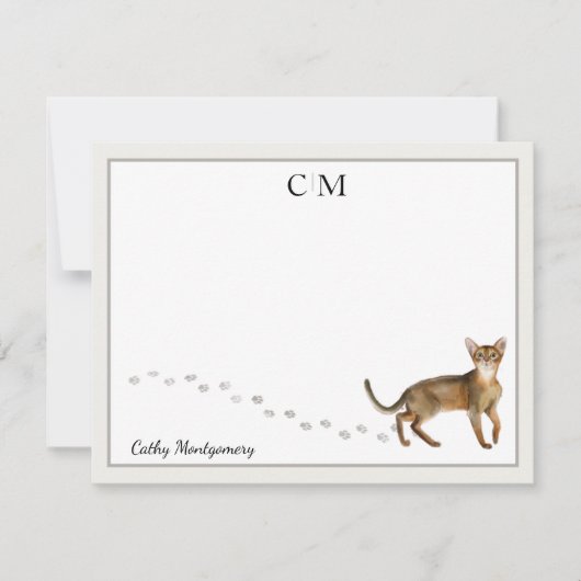 アビシニアン·キャット·グ縁どレー·モノグラムと名前 ノートカード (正面)