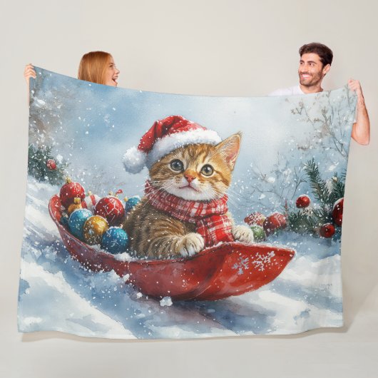 アビシニアン+キャット+ソリ+雪を降らせて+クリスマス フリースブランケット (インサイチュ)
