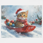 アビシニアン+キャット+ソリ+雪を降らせて+クリスマス フリースブランケット (正面(横))