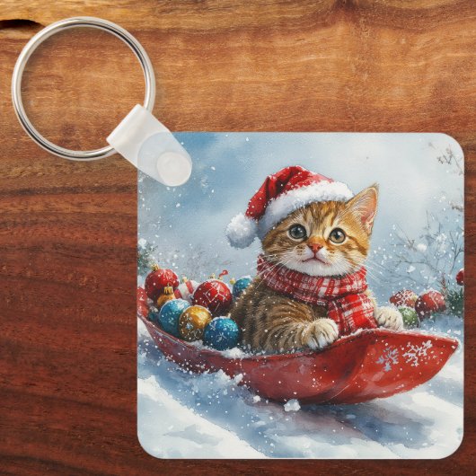 アビシニアン+スレッジ+雪降るクリスマス キーホルダー (正面)