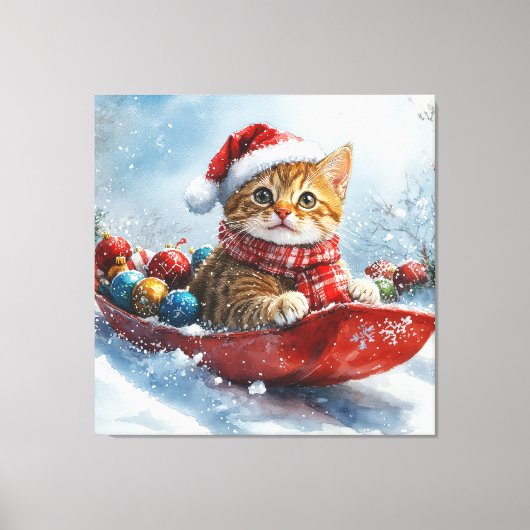 アビシニアン+猫のそりで雪を降らせて クリスマス キャンバスプリント (正面)