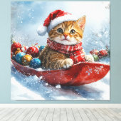 アビシニアン+猫のそりで雪を降らせて クリスマス キャンバスプリント (インサイチュ (ウッドフロア))