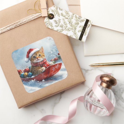 アビシニアン+猫のそりで雪を降らせて クリスマス スクエアシール (ギフト)
