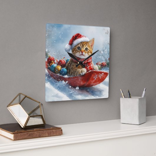 アビシニアン+猫のそりで雪を降らせて クリスマス スクエア壁時計 (オフィス)