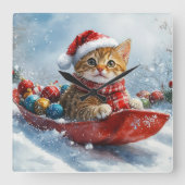 アビシニアン+猫のそりで雪を降らせて クリスマス スクエア壁時計 (正面)