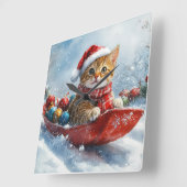 アビシニアン+猫のそりで雪を降らせて クリスマス スクエア壁時計 (傾斜)