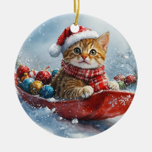 アビシニアン+猫のそりで雪を降らせて クリスマス セラミックオーナメント (正面)