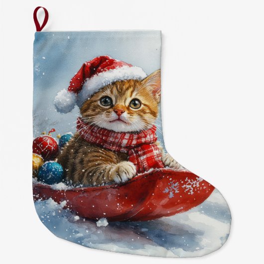 アビシニアン+猫のそりで雪を降らせて クリスマス ラージクリスマスストッキング (正面)