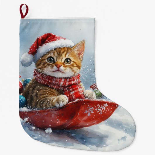 アビシニアン+猫のそりで雪を降らせて クリスマス ラージクリスマスストッキング (正面)