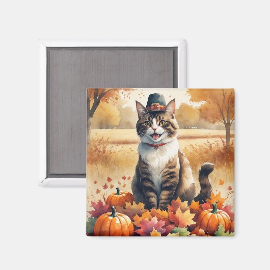 アビシニアン+猫の秋の紅葉と感謝祭アート マグネット (正面/裏面)
