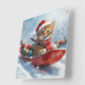 アビシニアン+猫+そり+Let+it+Snow+クリスマス スクエア壁時計 (傾斜)