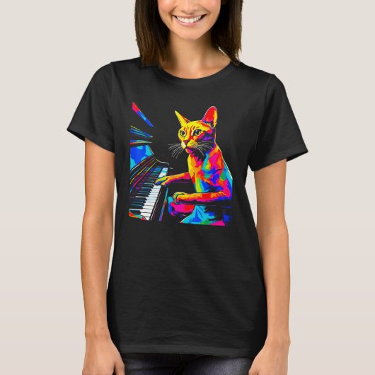 アビシニアン 猫 ピアニスト Tシャツ (正面)