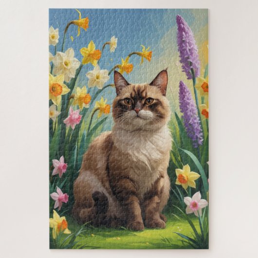 アビシニアン+猫+春の花の絵画 ジグソーパズル (縦)