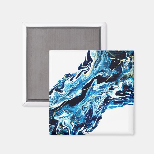 アビスブルーの抽象的なアクリル絵の具流し込み流体アート マグネット (正面/裏面)