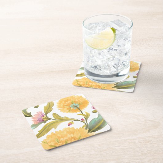 アビーフローラタイル – 黄色の花 スクエアペーパーコースター (インサイチュ)