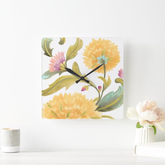 アビーフローラタイル – 黄色の花 スクエア壁時計 (ホーム)