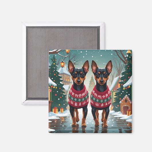 アフェンピンシャー 犬 クリスマス 雪 冬の休日 マグネット (正面/裏面)